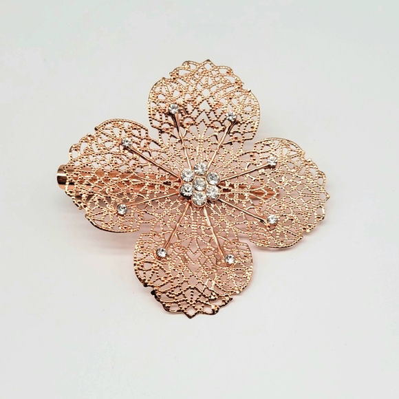 LARGE Rose Gold Metal and Crystal Flower Hair Piece with Alligator Clip - Picture 3 of 8